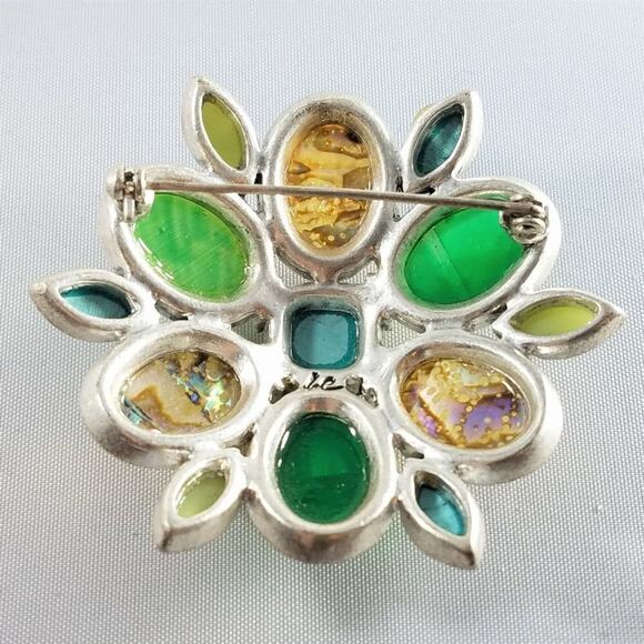 Vintage Liz Claiborne Faux Gemstone Brooch, Glass Cabs, 1990s, 2 1/4 Inches - Picture 8 of 10